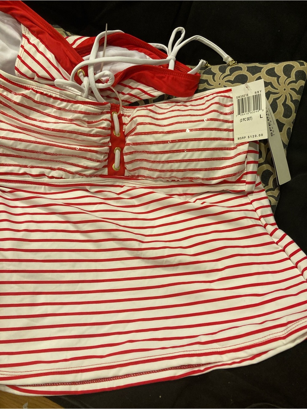 Sperry Red and White Striped Bandeau Tankini Top Large Red/White